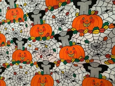 Dreamland 万圣节织物 Happy Pumpkins 蜘蛛网 棉聚乙烯混纺 NOS — 第 1/2 张图片