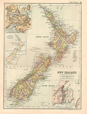 1911 VICTORIAN MAP ~ NEW ZEALAND ~ NORTH & SOUTH ISLAND WELLINGTON AUCKLAND - Image 1 of 3