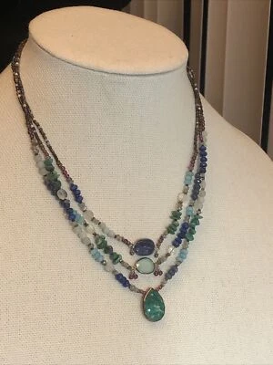 3. Collar de tres filas vintage de plata de ley 925 con múltiples piedras preciosas de 16"-18" Foto 1 de 4