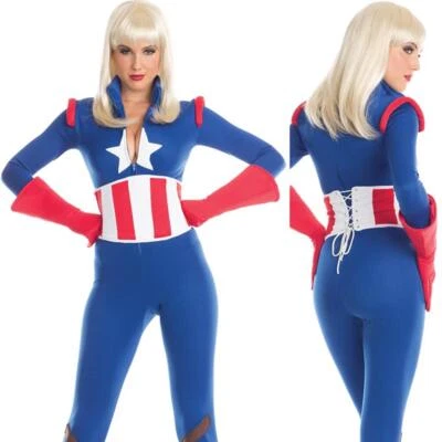 Disfraz Capitán América Mono Guantes Estrellas Rayas Gato Traje BW1667 S/M Foto 1 de 4