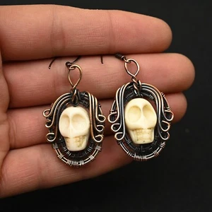 Skull Minimalist Copper Wire Wrap Handmade Handmade Earring Jewelry Gift For - Picture 1 of 4