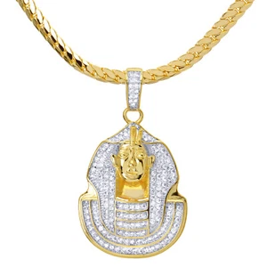 Men's Iced Gold Plated Egyptian Pharaoh Pendant 24" Chain Necklace BCH 13128 TT - Picture 1 of 3