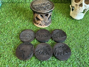 6 x Carved Wooden African Animals Coasters with Holder Elephant Rhino Zebra Lion - Picture 1 of 8