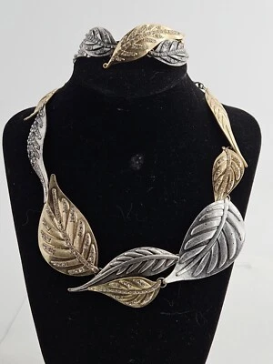 Estate Jessica Simpson Gold And Silver Tone Leaves w/ Rhinestones Necklace... - Image 1 of 4