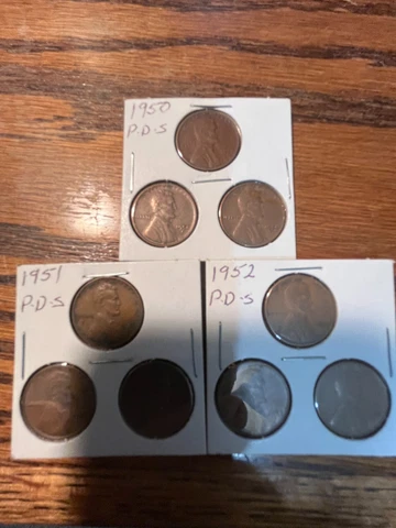 1950-1951-1952 P-D-S LINCOLN CENT AVERAGE CIRCULATION 9 COINS Cover