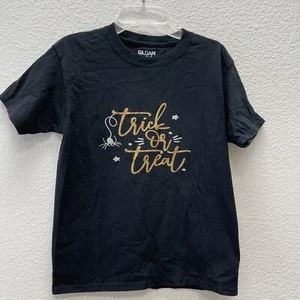 Trick Or Treat Girls Medium Golden Halloween T-shirt Gold Black Upcycled - Picture 1 of 4