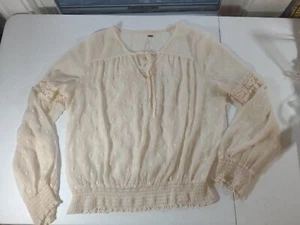 free people Ivory Swiss Dot Top with Crocheted accents & Puffy Sleeves, Size L - Picture 1 of 8