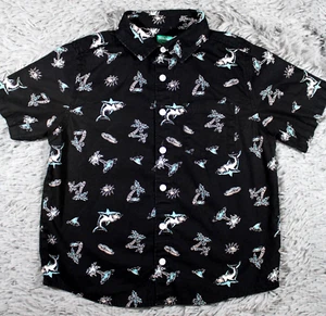 365 Kids Boys Shirt 8 Button Down Sharks Black Surf Beach Palm Tree Short Slv - Picture 1 of 7