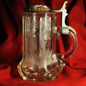 Antiker Jagd Wald gravierter Bierkrug Becher Glas Geweih Tier Statue deutsch - Bild 1 von 12