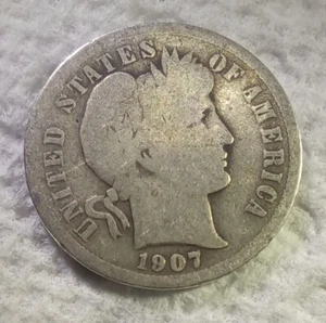 Moneda de diez centavos de barbero P 1907 en buen estado. -#0072 - Imagen 1 de 2