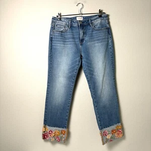 Driftwood Colette Crop Denim Jeans Size 10 Blue Floral Embroidered Cuffed Boho - Picture 1 of 13