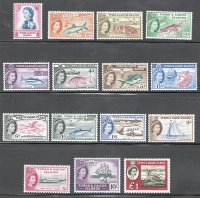 Turks & Caicos Islands Mint NH Sc# 121/135 SG# 237/250 fish set fauna 1957-1960 - Image 1 of 2