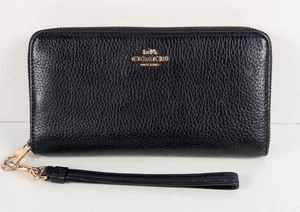 Coach schwarz Leder langer umlaufender Reißverschluss Brieftasche Riemen Gold Hardware C4451 Karten Münzen - Bild 1 von 13