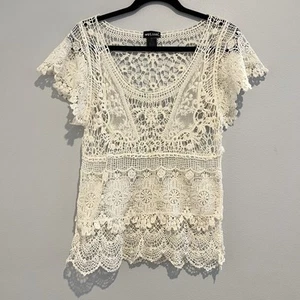 VTG Y2K Wet Seal Knit Crochet Top Womens L Babydoll Coquette Cottage 90s - Picture 1 of 4