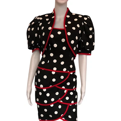 Vestido sin tirantes y chaqueta bolero negro raro vintage de los años 80 Lillie Rubin a lunares Foto 1 de 4