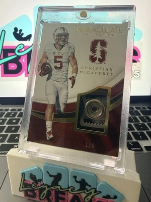 2017 Panini Immaculate Collegiate Christian McCaffrey -Chin Strap /4 (MEM, RC) - Image 1 of 3