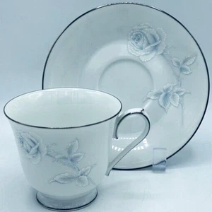 Noritake Japan Virtue Pattern Platinum Edge White & Blue 2934 Tea Cup and Saucer - Picture 1 of 11