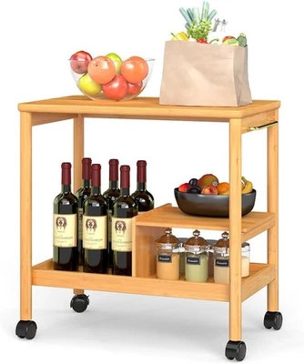 3-Tier Bamboo Storage Cart with Locking Wheels Rolling Organizer Cart - Image 1 of 4