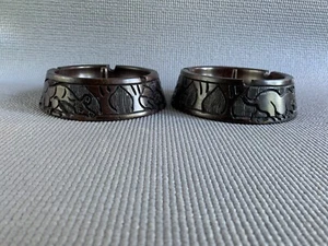 Wooden ASHTRAY EBONY? TURNED AFRICAN ANIMALS HAND CARVED HEAVY Rare x2 Vintage - Picture 1 of 17