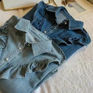 Women Denim Shirt Ruffle Long Sleeve Classic Blue Jean Tops Blouse Casual Retro - Picture 1 of 13