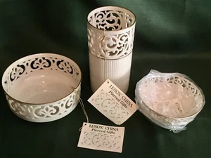 Lot Vintage LENOX CHINA PIERCED VASE BRITTANY SMALL TRACERY BOWL 24K GOLD TRIM - Picture 1 of 6