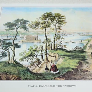 Stampa vintage Currier & Ives Staten Island The Narrows litografia arte Brooklyn NY - Foto 1 di 9
