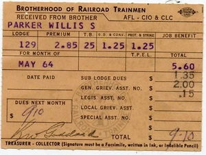 Loge 129 Brotherhood of Railroad Trainmen Receipt, Labor Union - Bild 1 von 2
