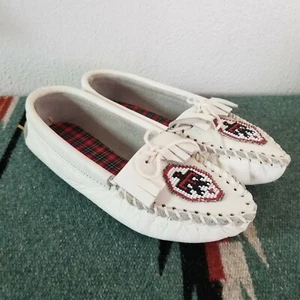 Vintage Lazaros Santa Fe White Leather Moccasins Thunderbird Beadwork NOS 5 - Picture 1 of 8