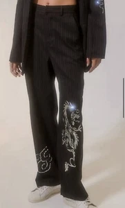 Urban Outfitters Pinstriped Embellished Pants Dragon Black & Silver Trouser Y2K - Picture 1 of 21