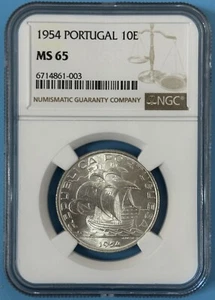Portugal 1954 Silver 10 Escudos ChBU Coin Sailing Ship NGC MS 65 KM# 586 - Picture 1 of 2