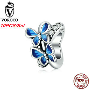 Bracelet papillon européen Voroco 10 pièces argent sterling 925 perles charme vente en gros
