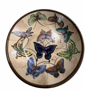 VTG Brass Over Porcelain Butterfly Bowl Trinket Dish Wall Hanging Colorful 6" - Picture 1 of 10