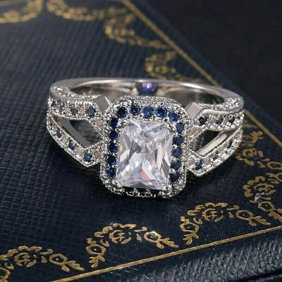 2Ct Emerald Cut Lab Created Diamond & Sapphire 14k White Gold FN Engagement Ring - Image 1 of 4
