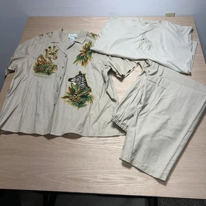 Quacker Factory Safari Zoo Animal Theme 3 piece Linen Blend Pants Set 3X Tan - Picture 1 of 24
