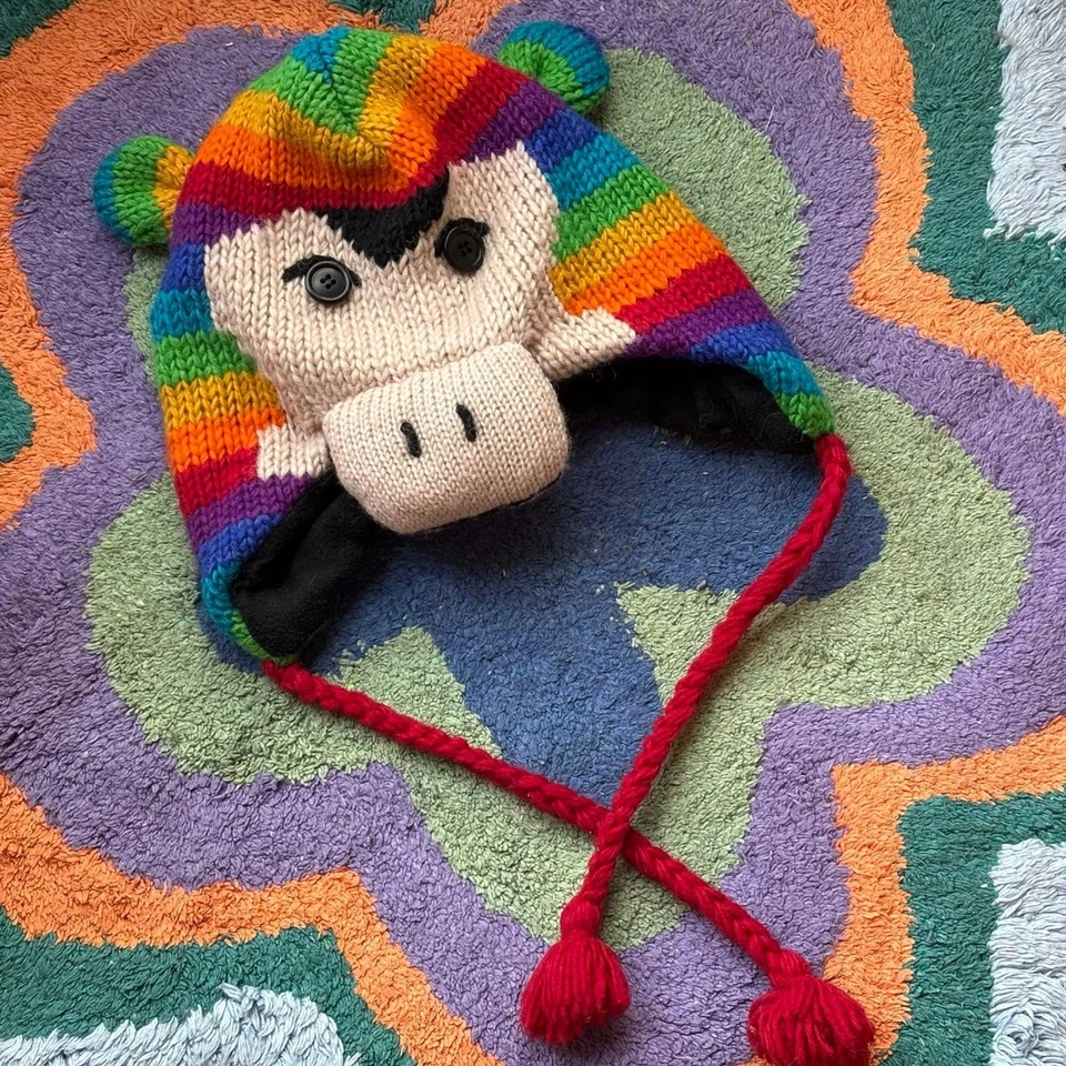 Yak n Yeti Rainbow Monkey 豆豆帽带耳扣 100% 羊毛 — 第 1/4 张图片