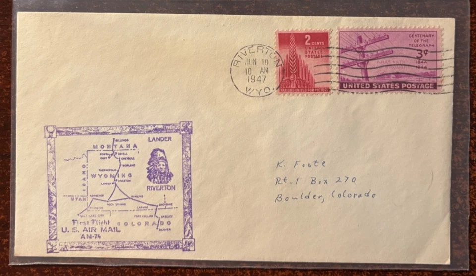 Primer vuelo AM-74, Riverton, WY cancelar, 10/06/1947 Foto 1 de 1
