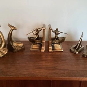 3 Sets Vintage Solid Brass Nautical PMC Bookends. Whales, Sailboats, Whaleboats. - Picture 1 of 19