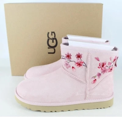 RARE UGG MINI BLOSSOM PINK EMBROIDERED SUEDE SHEEPSKIN  BOOTS NIB Sz 11 - Image 1 of 4