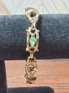 Vintage Coro Gold Tone Green, Clear Rhinestone Bracelet 7" - Picture 1 of 5