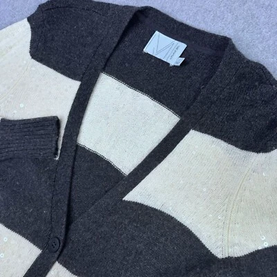 Cárdigan Michael Stars Gris Marfil Rayas Lentejuelas Botón Frontal Lana Superfina Talla 2 Foto 1 de 4