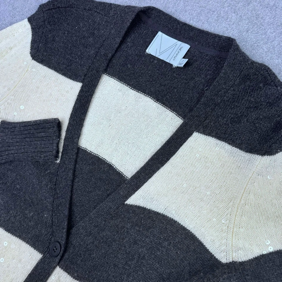 Michael Stars Ivory Gray Stripe Sequin Button Front Cardigan Superfine Wool Sz 2 - Image 1 of 4