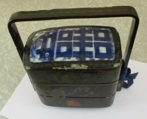 Asian box bento purse as is rustic old tile ceramic top laqure blue black art wo - Picture 1 of 12