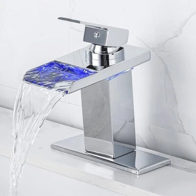 TOPSHOWER LED Waterfall Bathroom Faucet Brushed Nickel Single Handle Basin Sink Mixer Tap