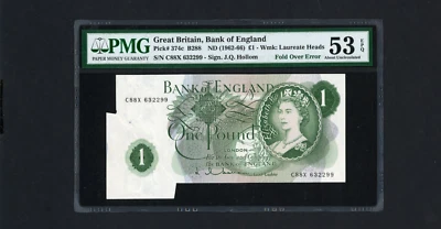 GB UK UNITED KINGDOM ERROR P-374c , 1962-6 , 1 Pound , PMG 53 Queen Elizabeth II - Image 1 of 2