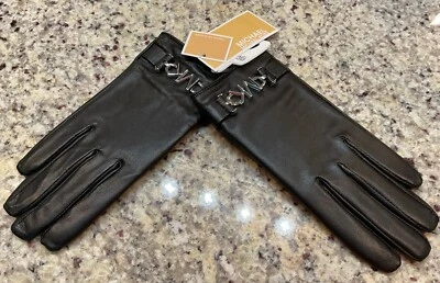Guantes de cuero MICHAEL KORS para mujer talla M con logotipo plateado pantalla táctil negra precio de venta sugerido por el fabricante 128 USD Foto 1 de 3