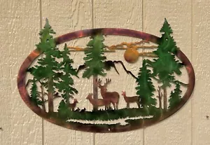 Deer Mountains And Trees Wildlife Cabin Metal Wall Art Rustic Home Decor Gifts - Picture 1 of 12