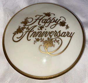 MIKASA MCM Porcelain Lidded Trinket Dish Happy Anniversary Ivory Gold Japan - Picture 1 of 4