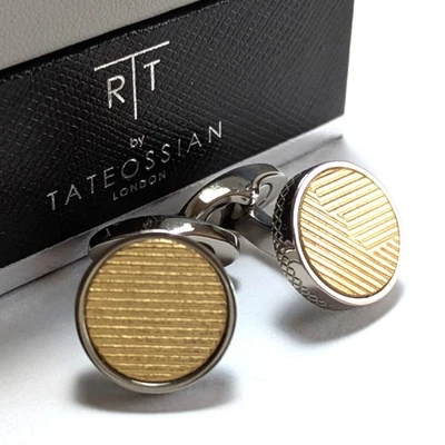 Tateossian Round Cufflinks Gold × Silver Italian Leather × Titanium Boxed unused - Image 1 of 4