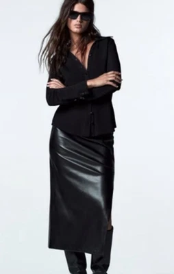 Zara Womens  Faux Leather Slit Midi Skirt Size Large Black  New - Image 1 of 4