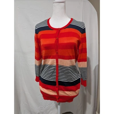 New York & Company Cardigan Sweater Women's Size Medium Red Striped Shirt Top - Image 1 of 4